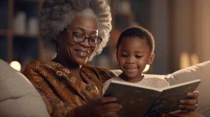 Grandma and child enjoy a book in a cozy kids' room.