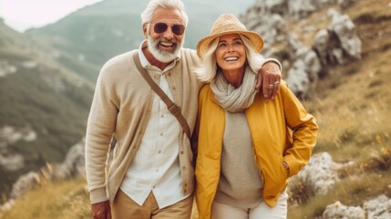 A group of retirees trekking through picturesque mountain landscapes.