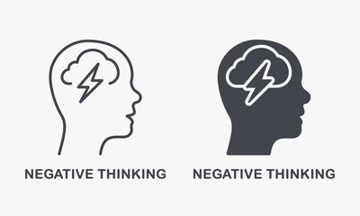 Pessimism, Frustration, Furious Expression Symbol Collection. Negative Thinking Silhouette and Line Icon Set. Pessimistic Mental Disorder, Thunder in Human Head. Isolated Vector Illustration