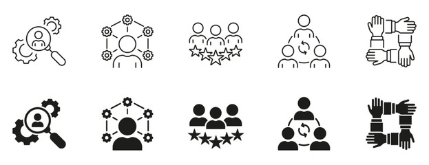 Business Community Line and Silhouette Icon Set. Headhunting Black Pictogram. People Work Together Symbol Collection. Job Management, Partnership Sign. Isolated Vector Illustration