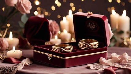 Valentine’s day special gift with gold bracelets in a red velvet box - obrazy, fototapety, plakaty