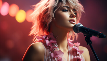 Young adult singer on stage, captivating with her beauty and voice generated by AI