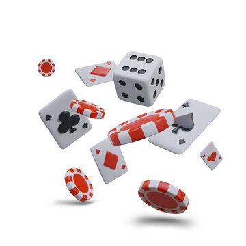 Realistic composition with flying red chips, flying playing cards, and game cube. Concept of playing casino online. Vector illustration in 3D style with place for text