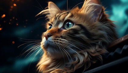 Cute kitten staring, fluffy fur, playful nature, beauty in nature generated by AI
