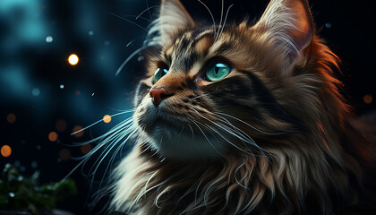 Cute kitten staring, fluffy fur, playful, beauty in nature generated by AI