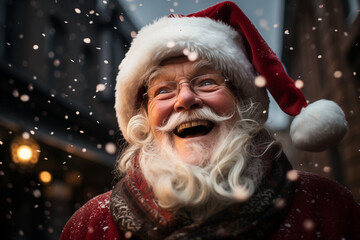 Happy smiling Santa Claus in city with snow
