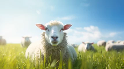 Fotobehang Fluffy sheep grazing in the meadow © Daria17