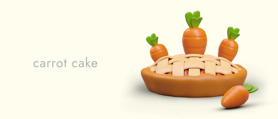 Advertisement of carrot pie. Realistic cake with crispy crust, orange carrots. Horizontal vector layout. Concept for cooking classes, menu updates in cafes, bakeries