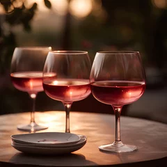 Fotobehang Three glasses of pink wine on the table outdoors on blurred vineyard background © tynza