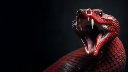 Red snake open mouth ready to attack isolated on gray background - obrazy, fototapety, plakaty