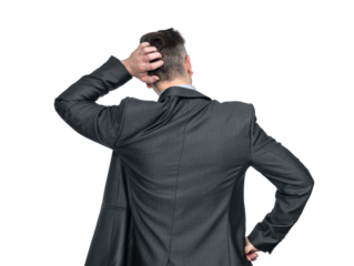 Rear view, a man in a dark suit thinks and scratches his head with his hand, isolated on a transparent background png