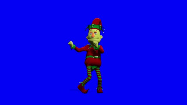 
puppet elf santa helper is doing a cheer hands and step dance in a blue chroma key background