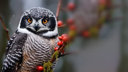 Fototapeten A hawk owl is perching on a branch in the wild © Ari