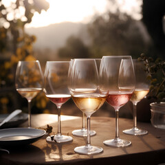 Glasses of wine served outdoors on the table on blurred vineyard background. Wine degustation concept