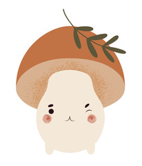 Cute magical mushroom creature with winking eye face expression, isolated hand drawn vector illustration