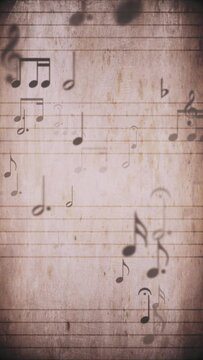 Vertical video - vintage sheet music notation manuscript with staff lines and musical notes gently moving towards the camera. This retro, grunge styled motion background is a seamless loop.