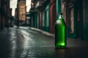 green colored soda bottle in the streets , drink and beverage  brand advertising template