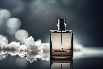minimalist perfume flacon presentation , reflective surface and cloudy grey background