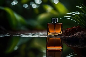 amber colored perfume container in deep jungle , dense vegetation background - obrazy, fototapety, plakaty