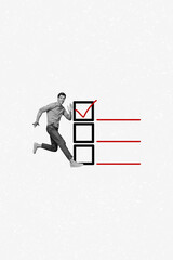 Vertical creative collage image of running fast businessman employee trader checkmark to do list...