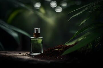 dark green perfume flacon in deep jungle , dense vegetation background