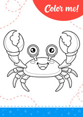 Coloring page for kids with cartoon crab character.
A printable worksheet, vector illustration.