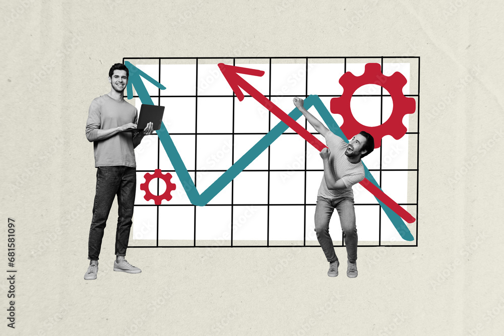 Aufkleber creative abstract template collage two happy employee businessman team working together data results