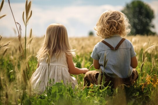 Photo from behind of siblings playing together in a field. Generative AI