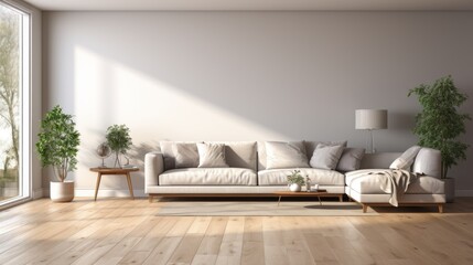 A cozy, bright apartment with huge panoramic windows flooded with sunlight. bedroom in white, beige tones. stylish living room with coffee table and large white sofa