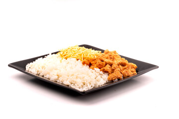 dish of chicken stroganoff with straw potatoes and rice isolated on white background