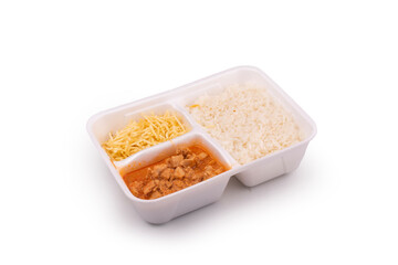 stroganoff lunch box with rice and fries on an angled white background
