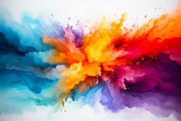 watercolor painting of paint splashes for the Holi festival on a white background, a rainbow holiday of happiness creating an atmosphere of fun and festive delight