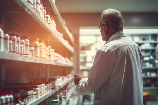 Photo of a pharmacist counting out medication tablets in a pharmacy. Generative AI
