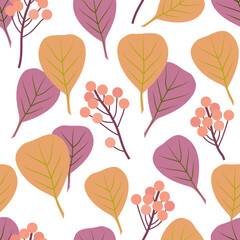 Fototapeta na wymiar Pink berries with colorful leaves on a white background. Seamless vector pattern.