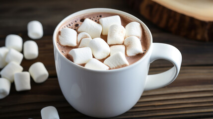 Fototapeta na wymiar White mug of cocoa with marshmallows. Christmas drink on a wooden table.