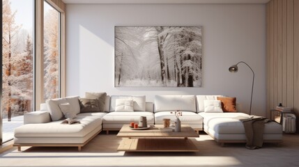 Fototapeta na wymiar Сozy, bright apartment with huge panoramic windows flooded with sunlight. bedroom in white, beige tones. stylish living room with coffee table and large white sofa