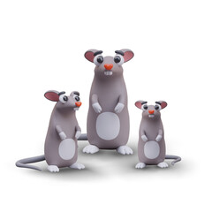Rat family. Big and small mice. Rodents stand on their hind legs. Household pests. Vector composition of 3D gray animals. Advertisement of rodenticides. Illustration for pet shop