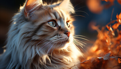 Cute kitten sitting outdoors, staring at camera in nature generated by AI