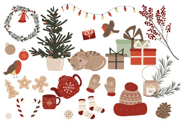 Christmas icon set of festive symbols. Warm clothes, birds, cat, gifts, teapot.  Vector illustration