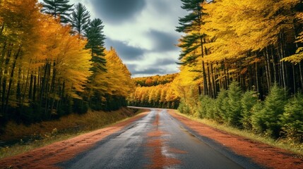 Obraz premium Along the picturesque highway M41 in the Keweenaw Peninsula of Michigan's Upper Peninsula, a tunnel of trees is visible in the fall.