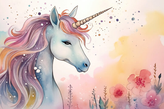 Unicorn watercolor background. Cute adorable unicorn card