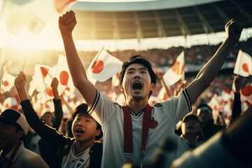 Japanese fans cheering on their team from the stands - obrazy, fototapety, plakaty