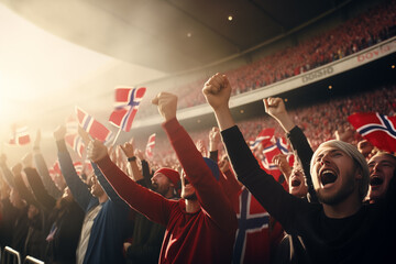 Norwegian fans cheering on their team from the stands - obrazy, fototapety, plakaty