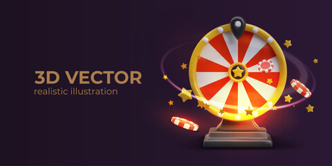 Creative 3D vector concept for online casino. Realistic wheel of fortune, chips, stars. Effect of movement, rotation, glowing trail. Live game. Horizontal template with text