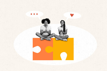 Composite creative collage idea of young family happy relationships man texting to girlfriend connect puzzle isolated on white background