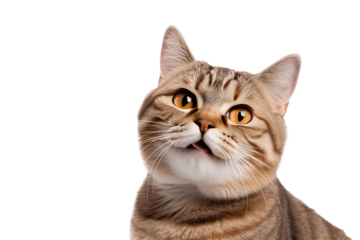 Cute fluffy portrait smile kitty Cat that looking at camera isolated on clear png background, funny moment, lovely cat, pet concept.