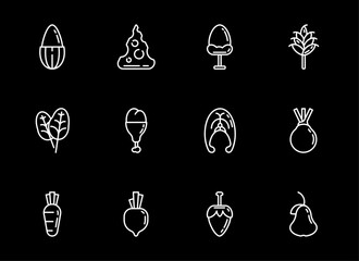 White outline flat food, icons for a mobile app. Stylized healthy food for a menu on black background