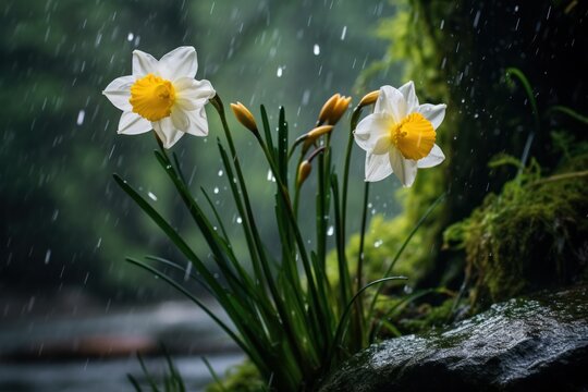  two yellow and white daffodils sitting on a mossy rock in the rain with a stream of water in the foreground and trees in the background.
