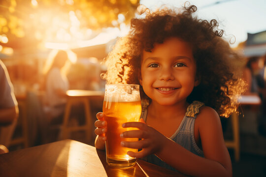 Naklejki young poc girl child drinking pint of beer at outdoor bar in sunshine
