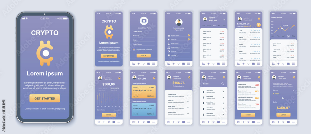 Fototapete crypto mobile app interface screens template set. account login, earnings chart, profit balance, cre
